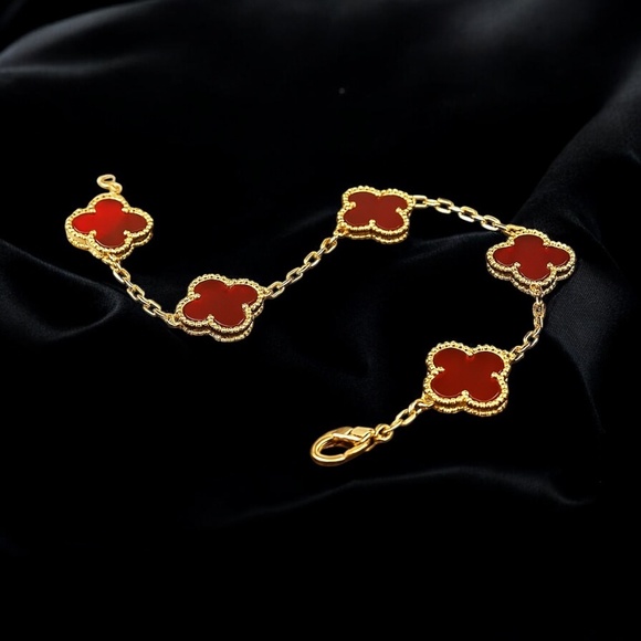 New Gold Plated Alhambra 5 Motifs Clovers Van Bracelet - Picture 4 of 10